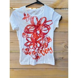 DKNY Womens White Red Orange Glitter Floral Graphic Tee Shirt Medium Slim Fit